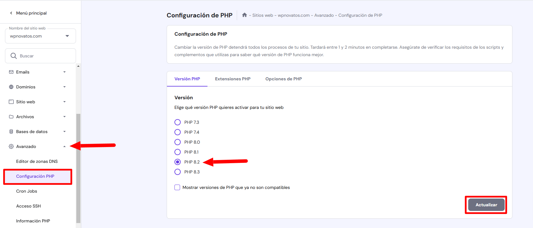 Interfaz para cambiar versión PHP en panel de control.